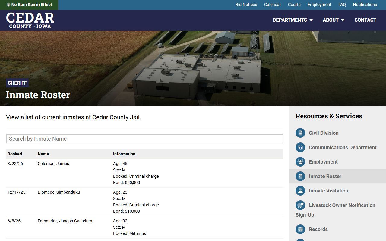 Cedar County inmate population roster search for current jail inmates