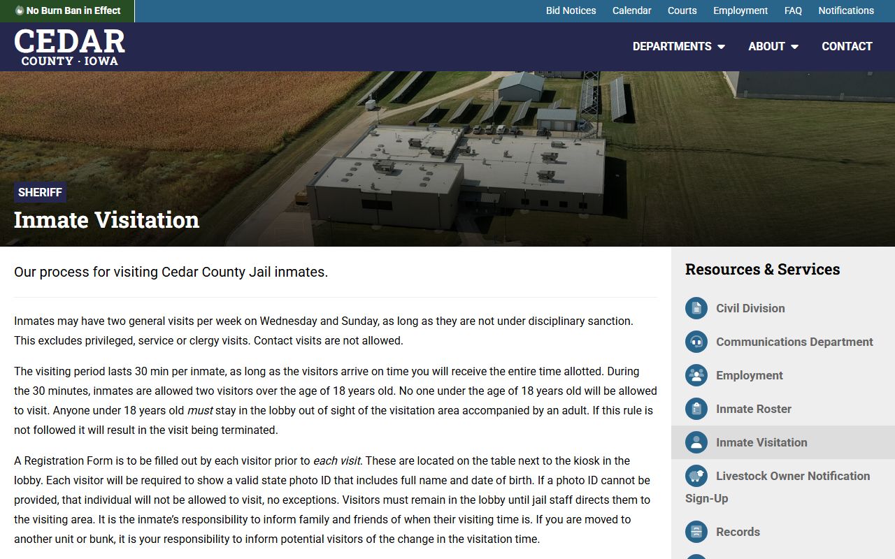 Cedar County Jail visitation and inmate account rules