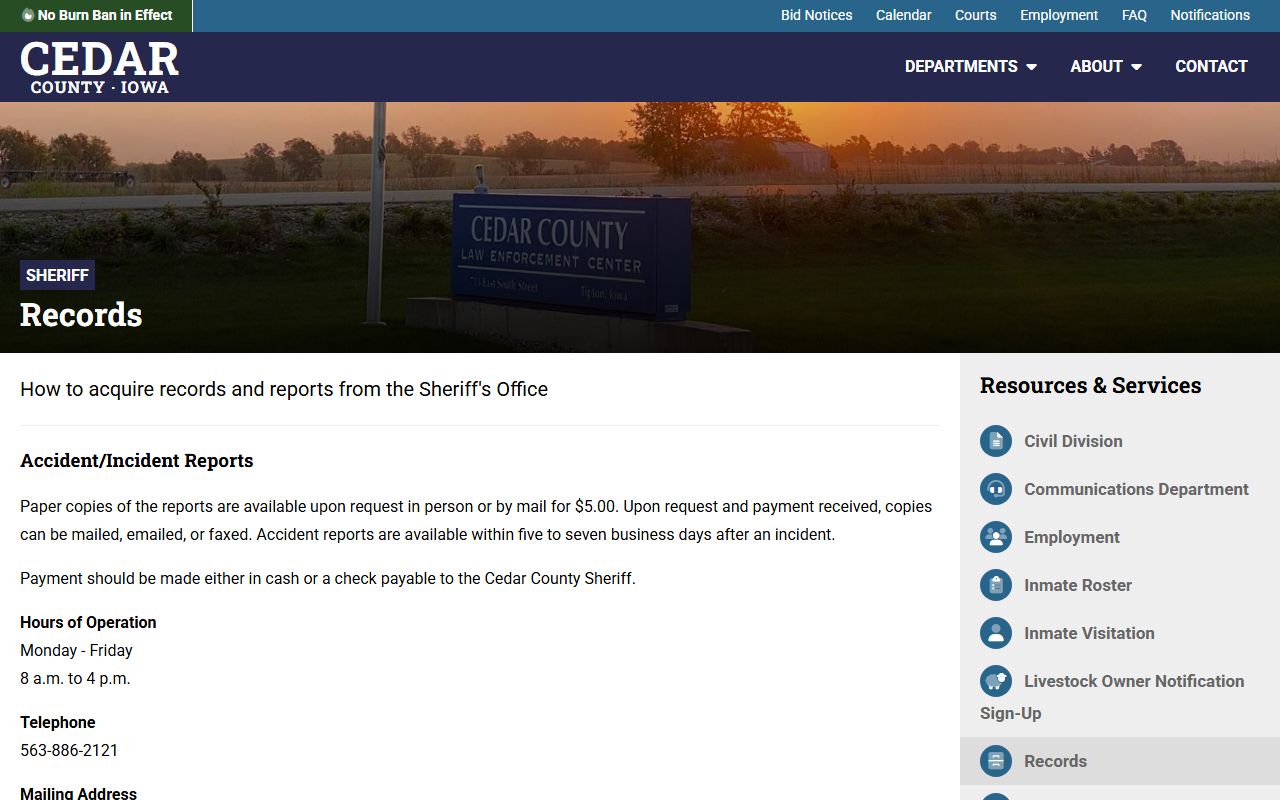 Cedar County sheriff records page for booking photo requests